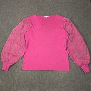 Sioni Sweater Womens Medium Pink Sheer Puff Sleeves Embroidered Flowers Unique